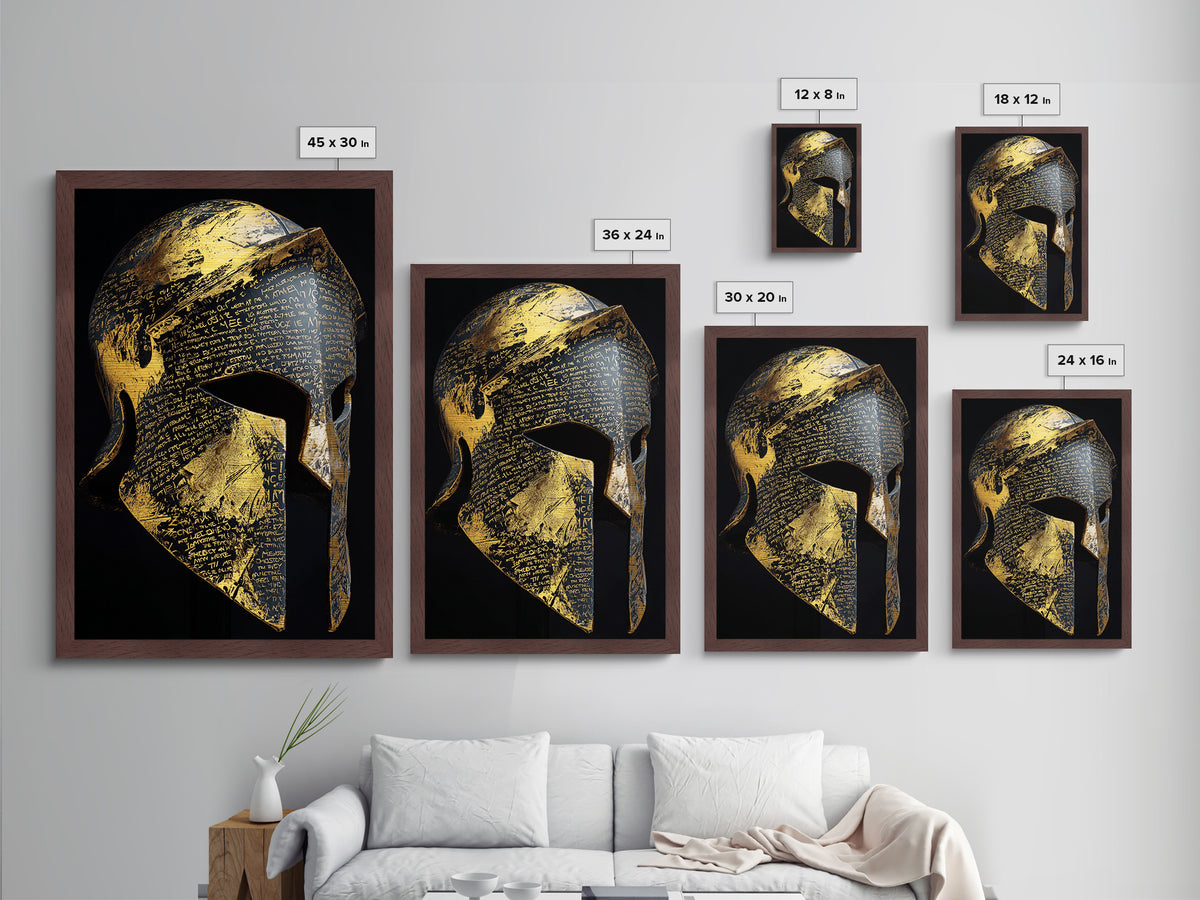 Heavily Ornamented Greek Helmet with Laurel Motif – Metallic Gold Art, Premium Framed Metal Art with Real Wood, Heroic Wall Display