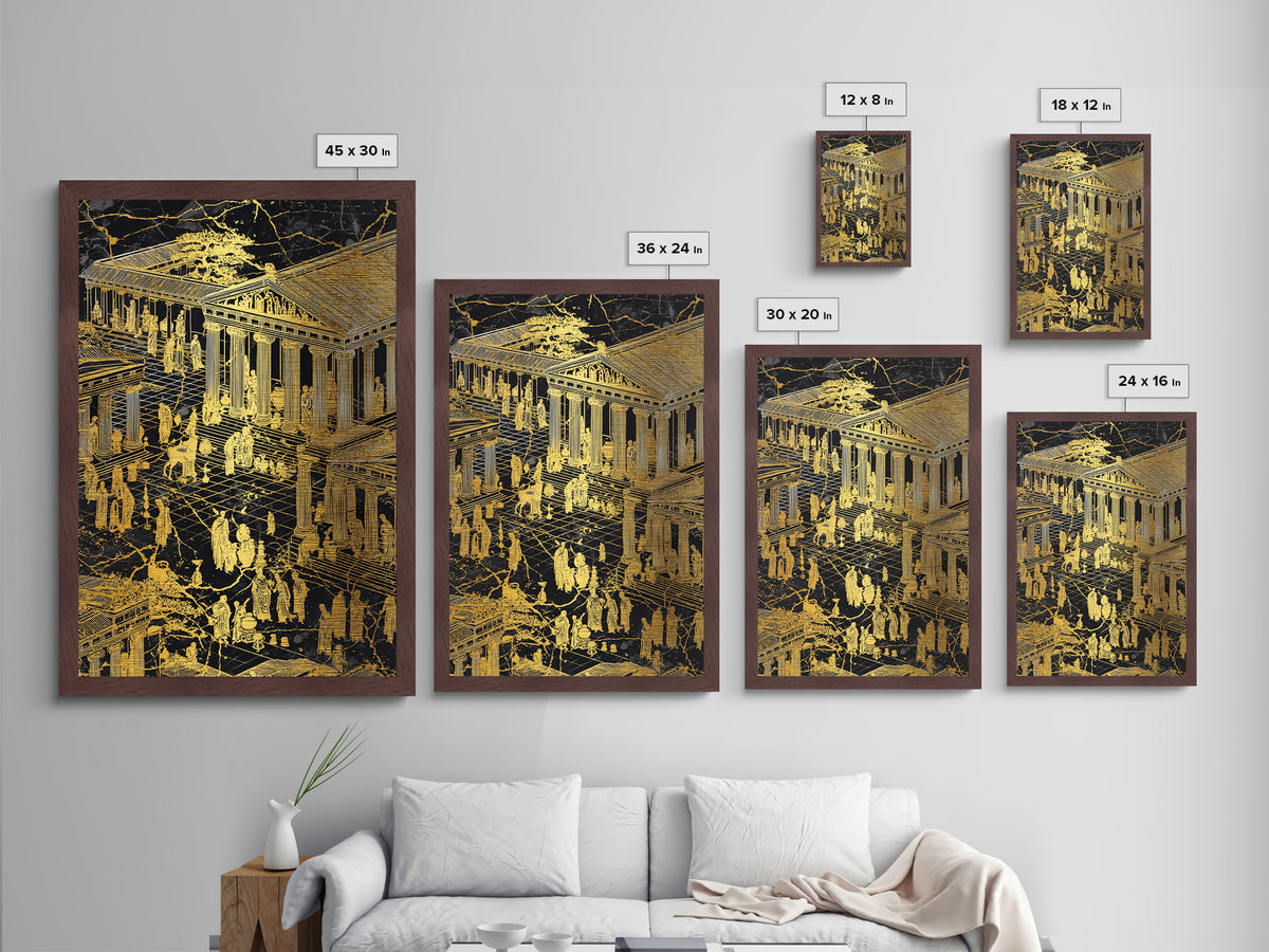 Ancient Marketplace With Temples, Metallic Gold Metal Print, Classical Greek Architecture Wall Art, Real Wood Framed Decor