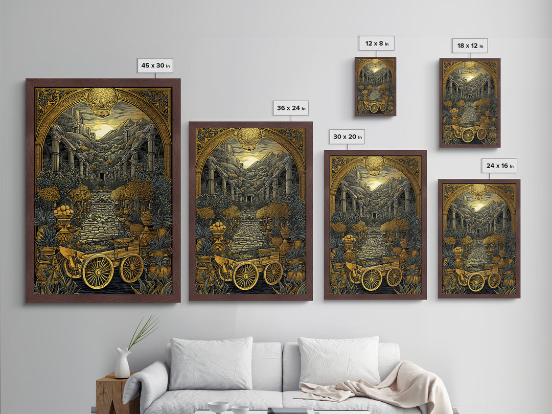 Ancient Courtyard With Columns And Citrus Trees, Metallic Gold Metal Print, Mythical Garden Wall Art, Real Wood Framed Decor