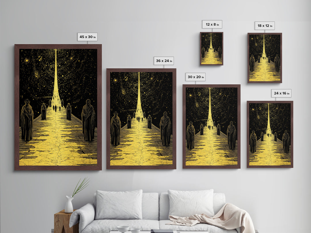 Celestial Path Of Golden Light, Metallic Gold Art, Mystical Night Sky Fantasy Print, Real Wood Framed Wall Artwork