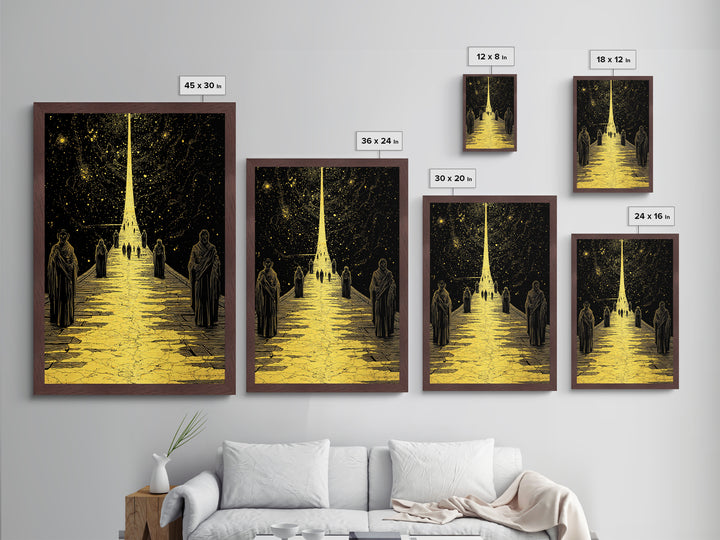 Celestial Path Of Golden Light, Metallic Gold Art, Mystical Night Sky Fantasy Print, Real Wood Framed Wall Artwork