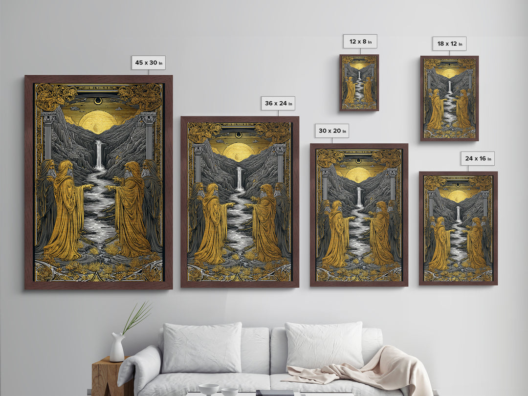 Golden Sun Over Waterfall Valley, Metallic Gold Metal Print, Mythical Landscape Fantasy Art, Real Wood Framed Wall Decor