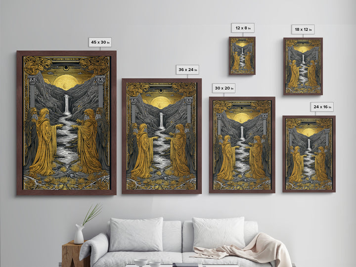 Golden Sun Over Waterfall Valley, Metallic Gold Metal Print, Mythical Landscape Fantasy Art, Real Wood Framed Wall Decor