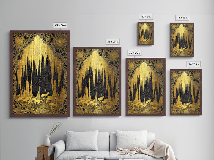 Golden Cave With Mountain Goats, Metallic Gold Metal Print, Mythical Nature Landscape Art, Real Wood Framed Wall Decor