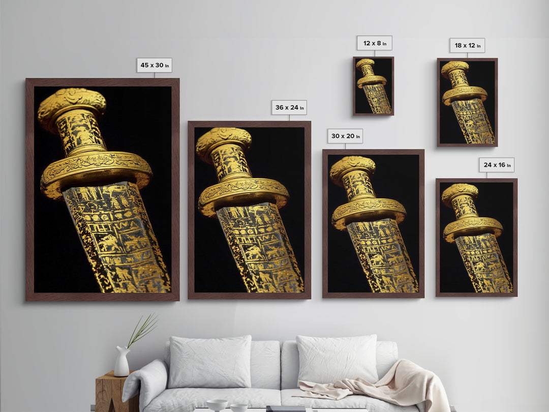 Ancient Sword With Etched Symbols, Metallic Gold Metal Print, Mystical Weaponry Wall Art, Real Wood Framed Artwork