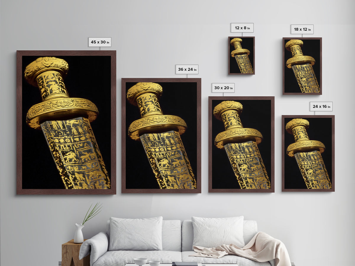 Ancient Sword With Etched Symbols, Metallic Gold Metal Print, Mystical Weaponry Wall Art, Real Wood Framed Artwork