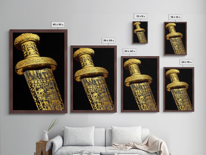 Ancient Sword With Etched Symbols, Metallic Gold Metal Print, Mystical Weaponry Wall Art, Real Wood Framed Artwork