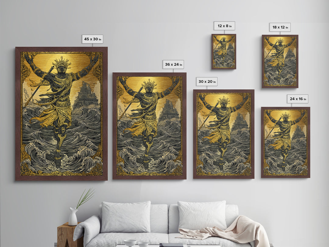 Sea God Statue Rising From Waves, Metallic Gold Metal Print, Mythical Ocean Fantasy Wall Art, Real Wood Framed Decor