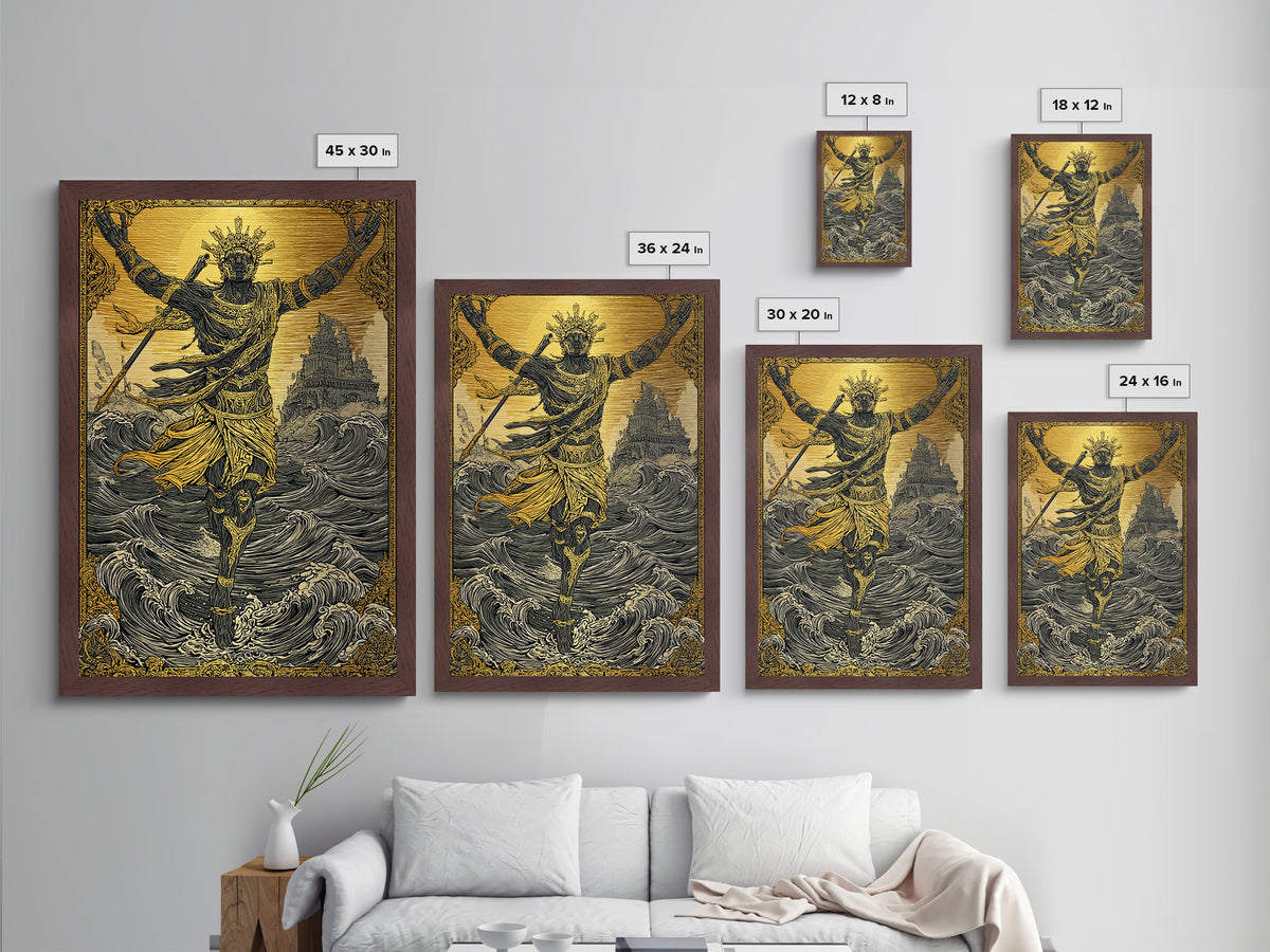 Sea God Statue Rising From Waves, Metallic Gold Metal Print, Mythical Ocean Fantasy Wall Art, Real Wood Framed Decor