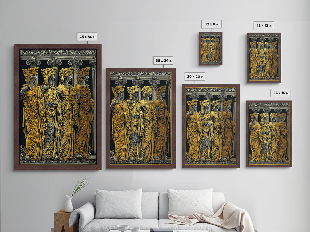 Ancient Greek Caryatids Metallic Gold Metal Print, Classical Architecture Wall Art, Real Wood Frame Home Decor