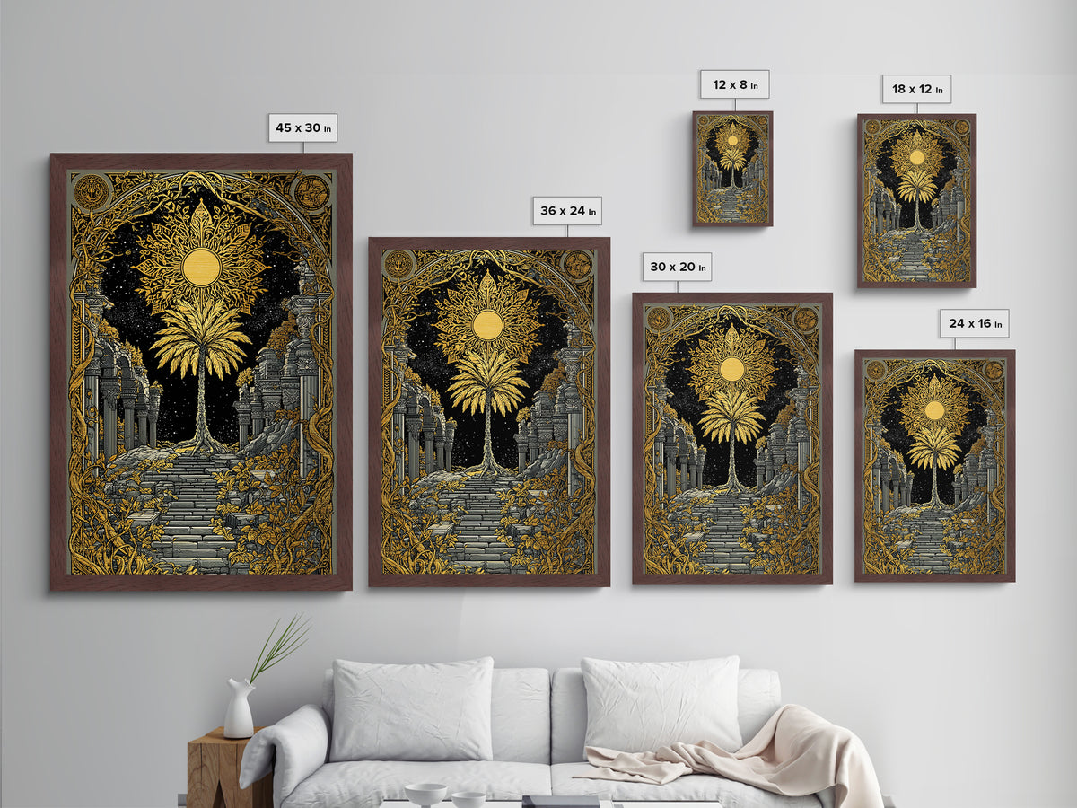 Golden Sun And Palm Metallic Gold Metal Print, Mythical Ruins Wall Art, Real Wood Frame Ancient Greece Decor