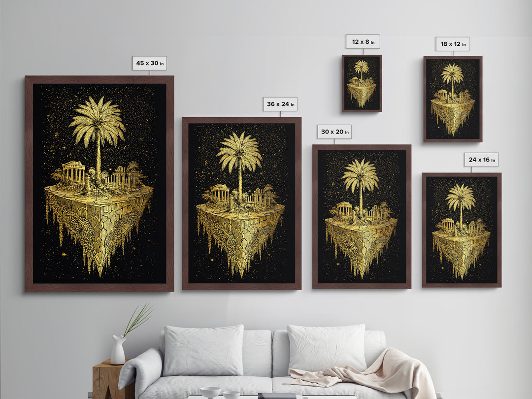 Floating Island Ruins Metallic Gold Art, Ancient Greek Temple Metal Print, Real Wood Frame Mythology Decor