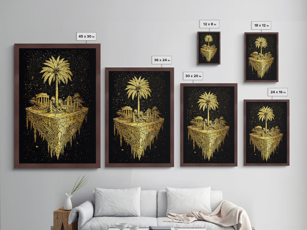 Floating Island Ruins Metallic Gold Art, Ancient Greek Temple Metal Print, Real Wood Frame Mythology Decor