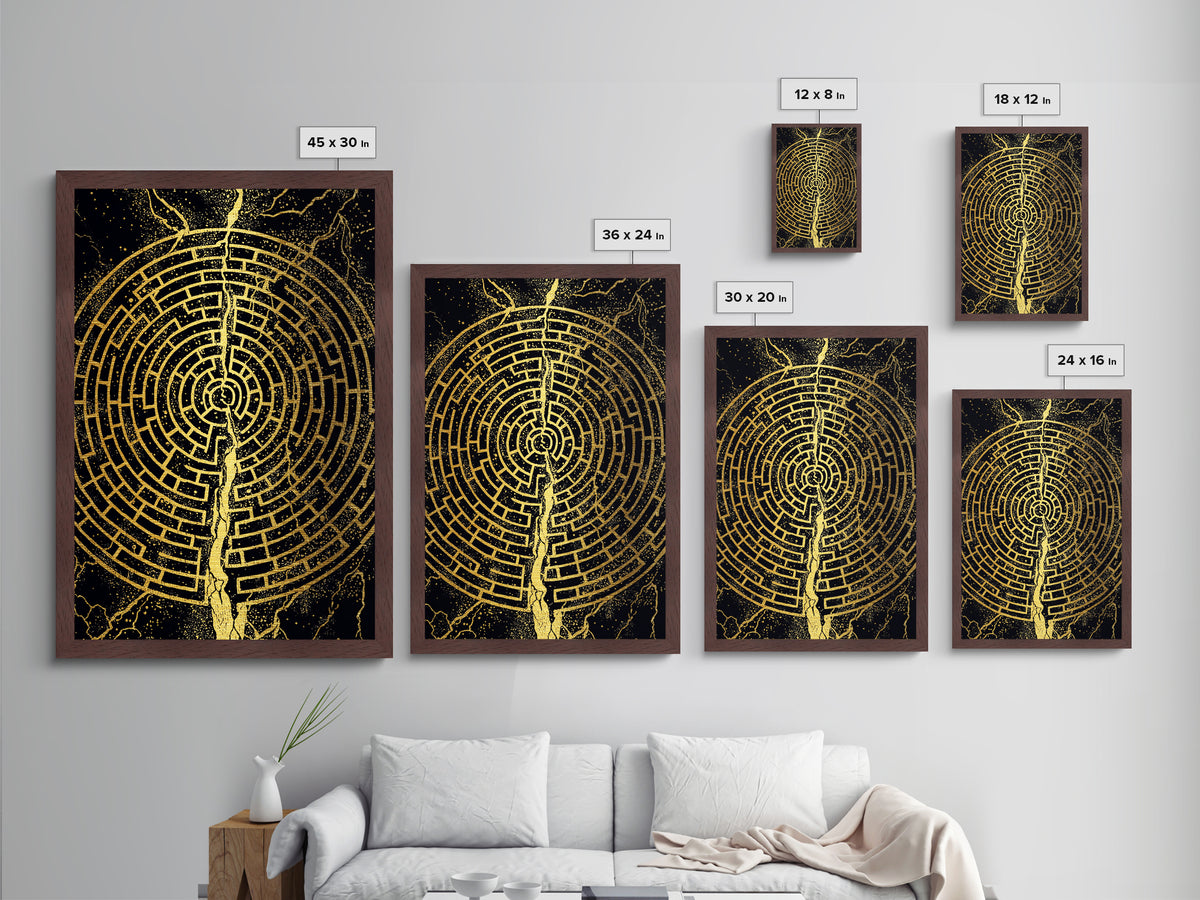 Circular Labyrinth Metallic Gold Art, Ancient Greek Maze Metal Print, Real Wood Frame Mythology Wall Decor