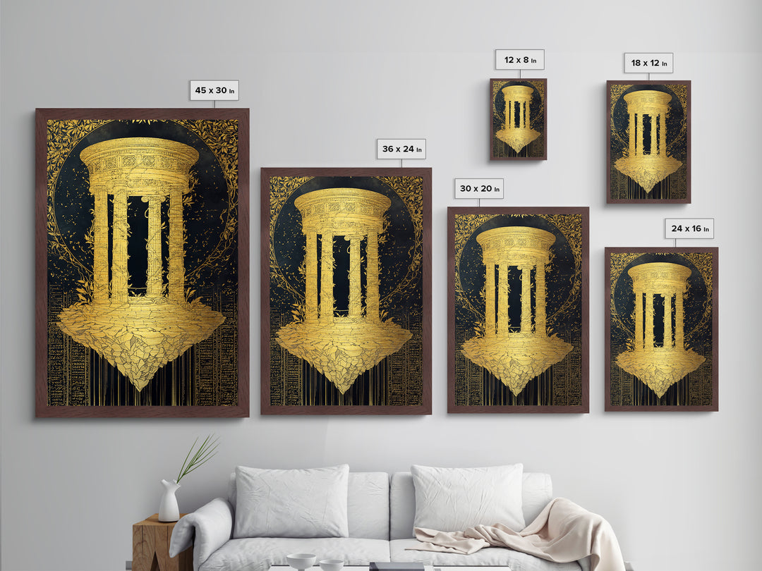 Floating Temple Metallic Gold Metal Print, Classical Architecture Art, Real Wood Frame Ancient Greece Decor