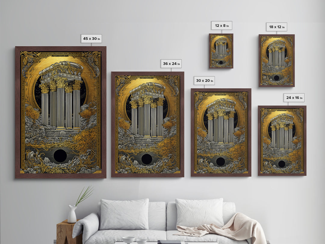 Ancient Greek Columns Metallic Gold Art, Ruins Wall Decor Metal Print, Real Wood Frame Classical Architecture