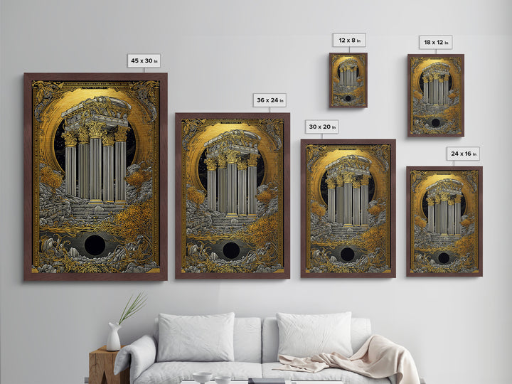 Ancient Greek Columns Metallic Gold Art, Ruins Wall Decor Metal Print, Real Wood Frame Classical Architecture