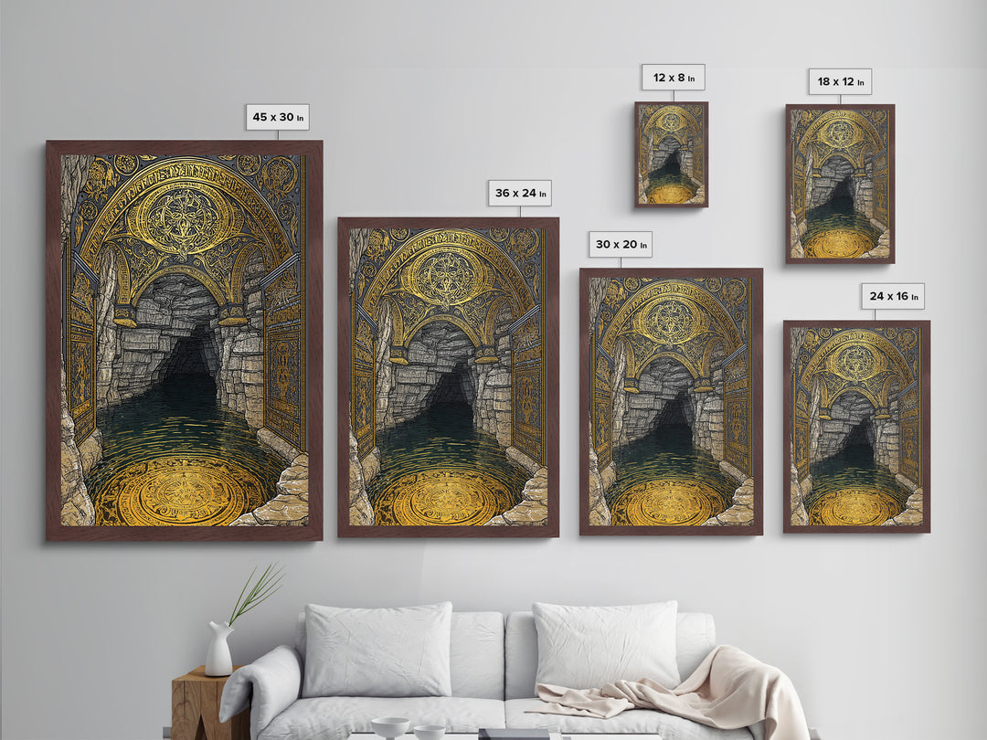 Golden Cave Entrance Metallic Gold Metal Print, Mythology Inspired Wall Art, Real Wood Frame Ancient Greece Decor
