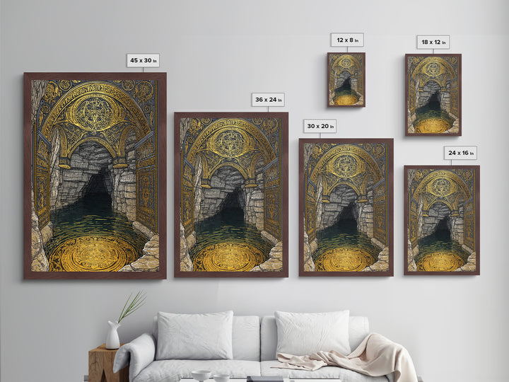 Golden Cave Entrance Metallic Gold Metal Print, Mythology Inspired Wall Art, Real Wood Frame Ancient Greece Decor