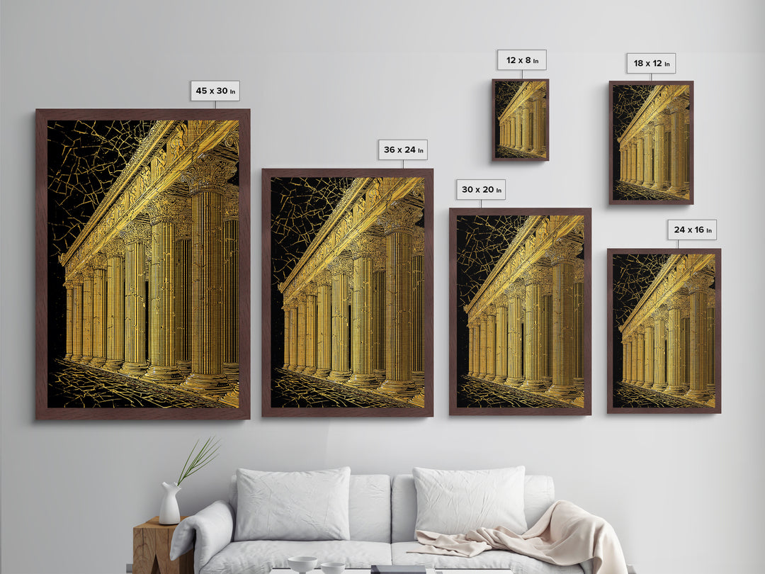 Ancient Parthenon Columns Metallic Gold Art, Classical Ruins Wall Decor, Real Wood Frame Metal Print Decor