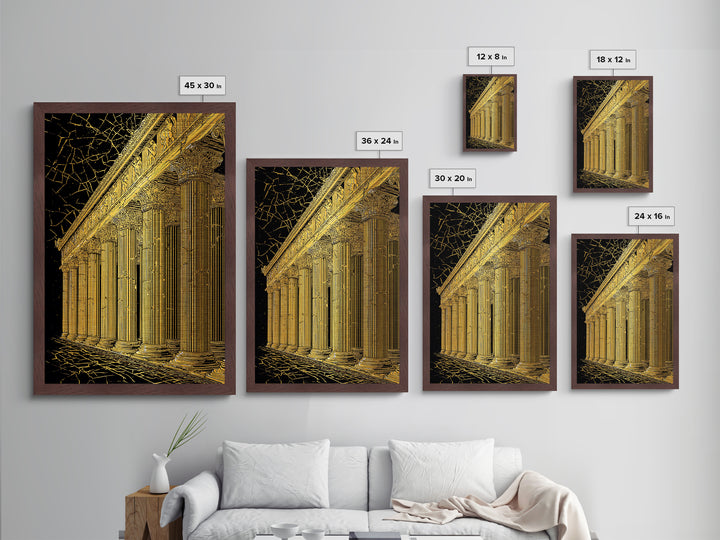 Ancient Parthenon Columns Metallic Gold Art, Classical Ruins Wall Decor, Real Wood Frame Metal Print Decor