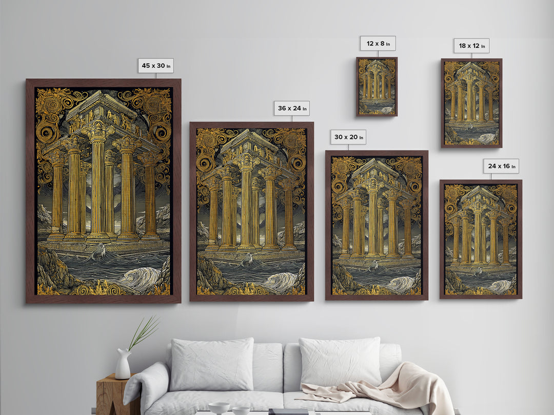 Temple Of The Gods, Mythological Architecture, Metallic Gold Metal Print, Real Wood Frame Wall Art