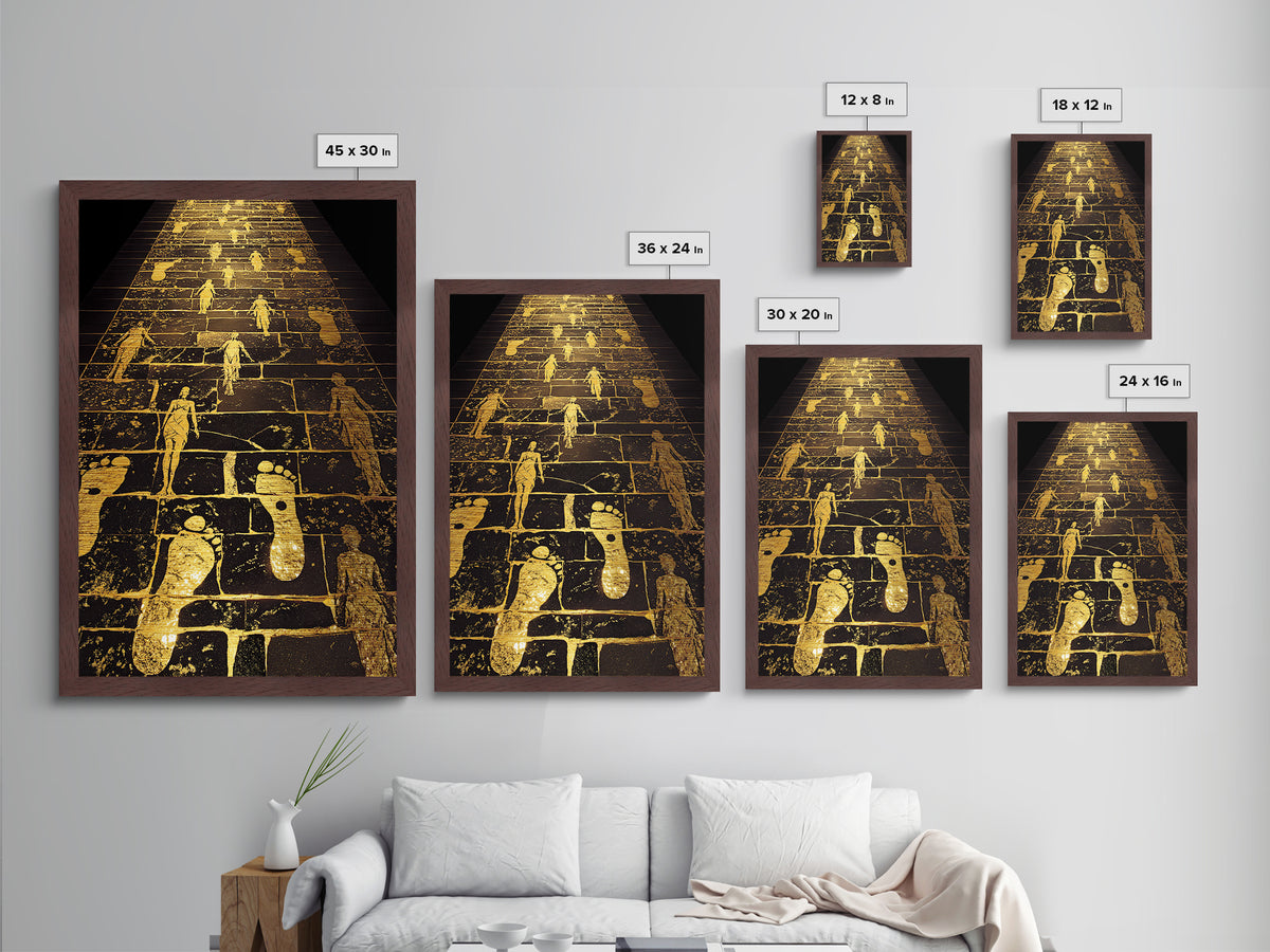 Golden Pathway Of Eternity, Mythic Footsteps, Metallic Gold Metal Print, Real Wood Frame Wall Art