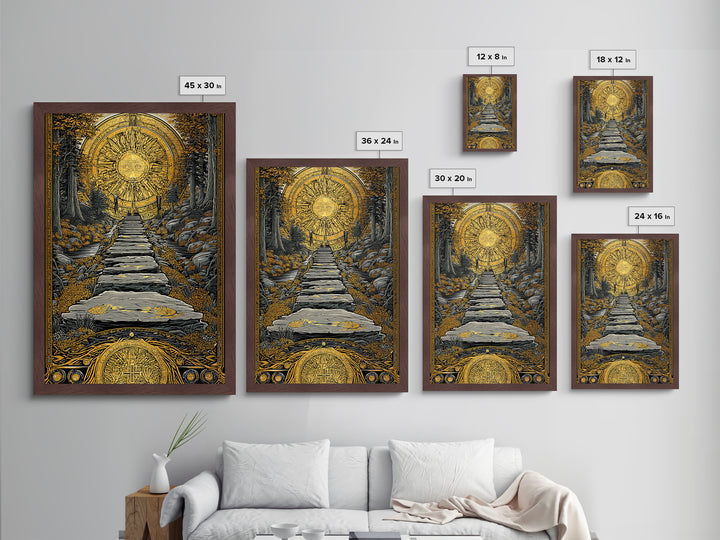 Celestial Gate, Mystical Sun Mandala, Path Of Light, Metallic Gold Metal Print, Real Wood Frame Wall Art