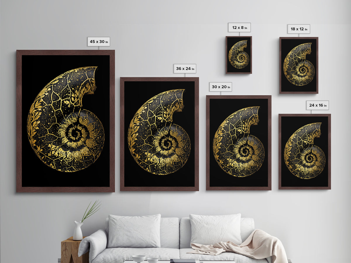 Golden Nautilus Fossil, Nature Inspired Abstract, Metallic Gold Metal Print, Real Wood Frame Wall Art