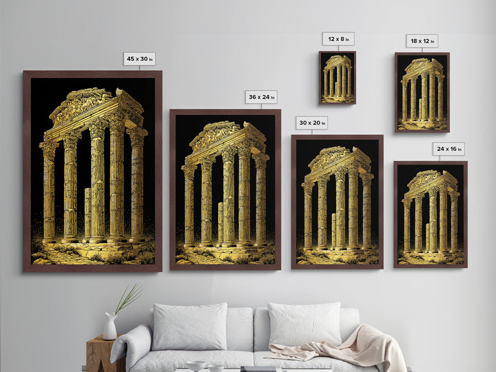 Greek Temple Ruins, Timeless Classical Columns, Metallic Gold Metal Print, Real Wood Frame Wall Art