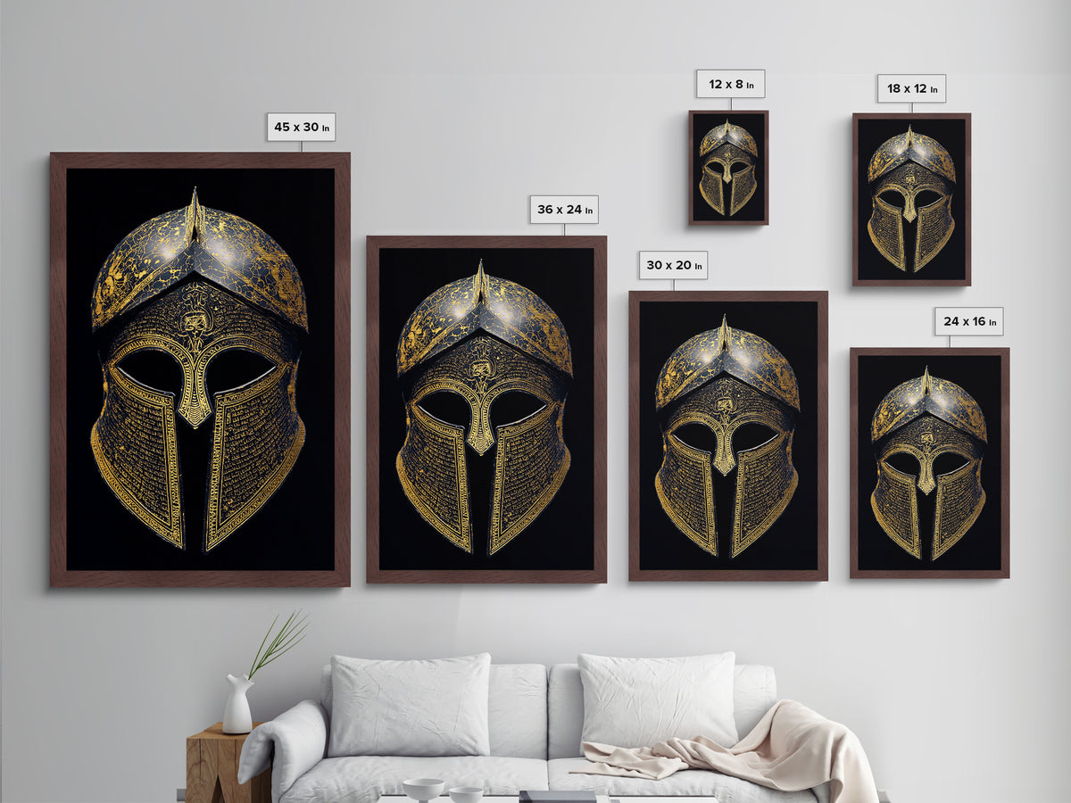 Ancient Greek Helmet with Cracked Texture and Text – Metallic Gold Art, Real Wood Frame Metal Art, Historical Spartan Wall Decor