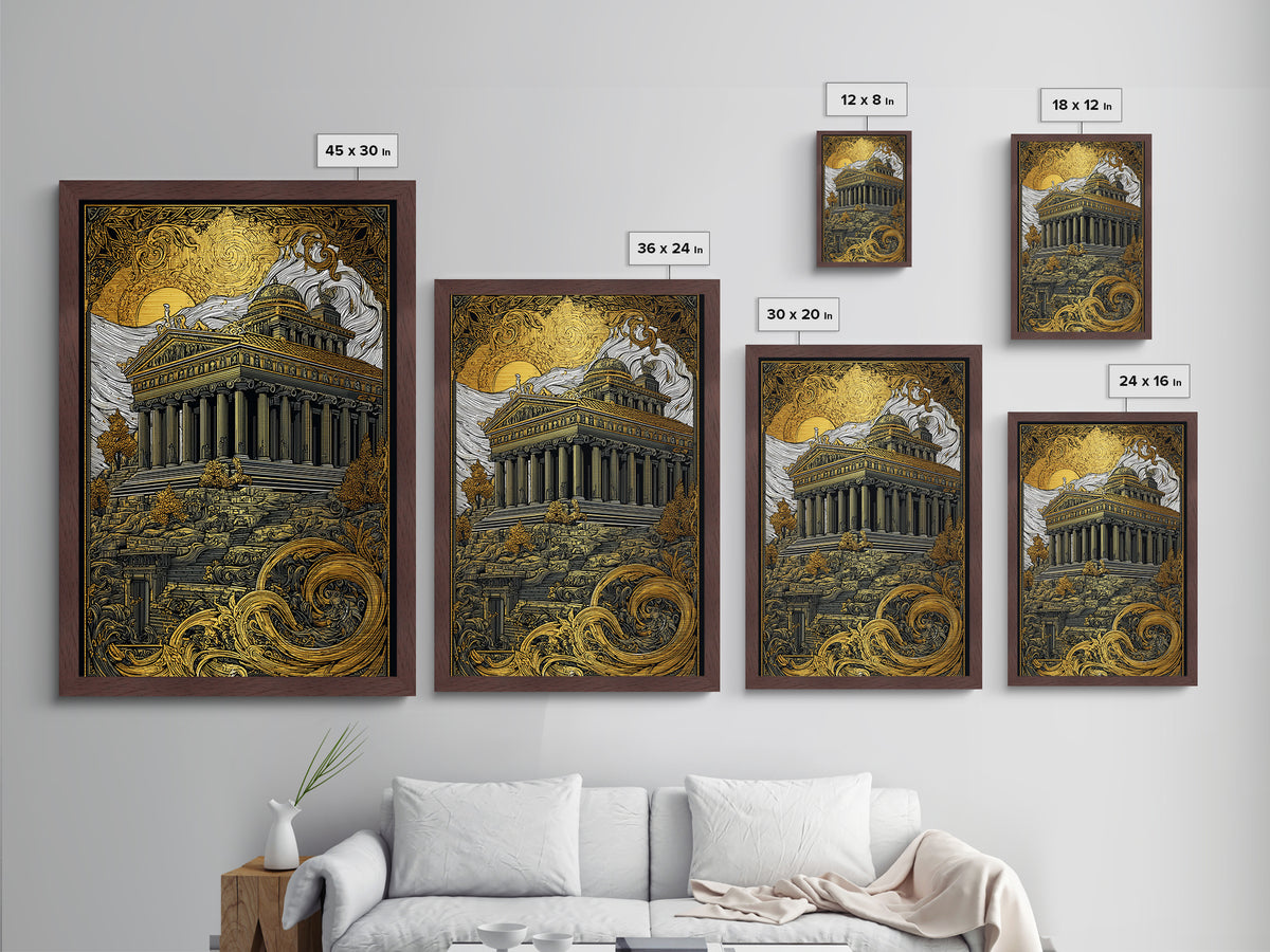Greek Temple At Sunset, Ancient Architecture Wall Art, Metallic Gold Metal Print, Mythology Home Decor, Wood Frame