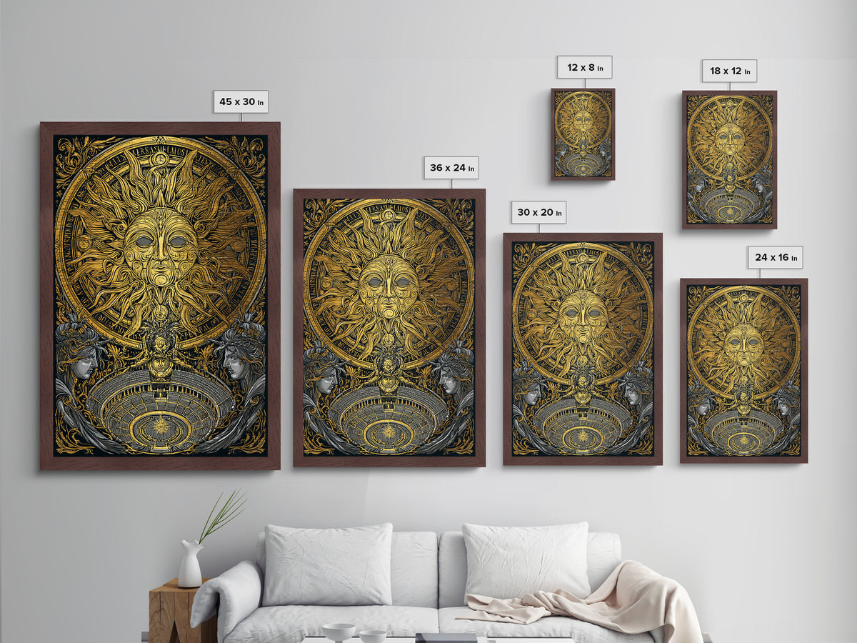 Sun God Face With Theater, Greek Mythology Wall Art, Metallic Gold Art, Dramatic Metal Print, Celestial Decor, Wood Frame