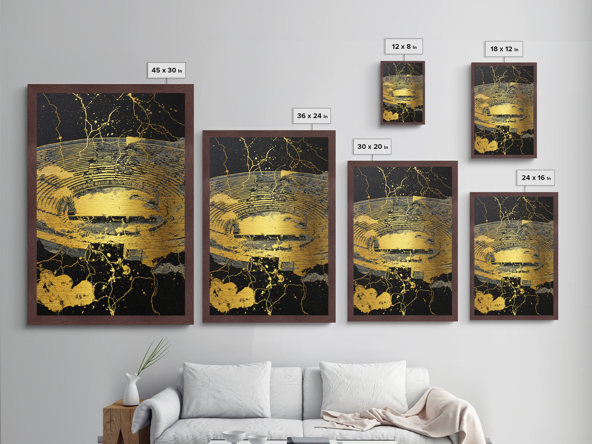 Ancient Theater Abstract, Splattered Metallic Gold Metal Print, Greek Myth Wall Art, Dramatic Decor, Wood Frame