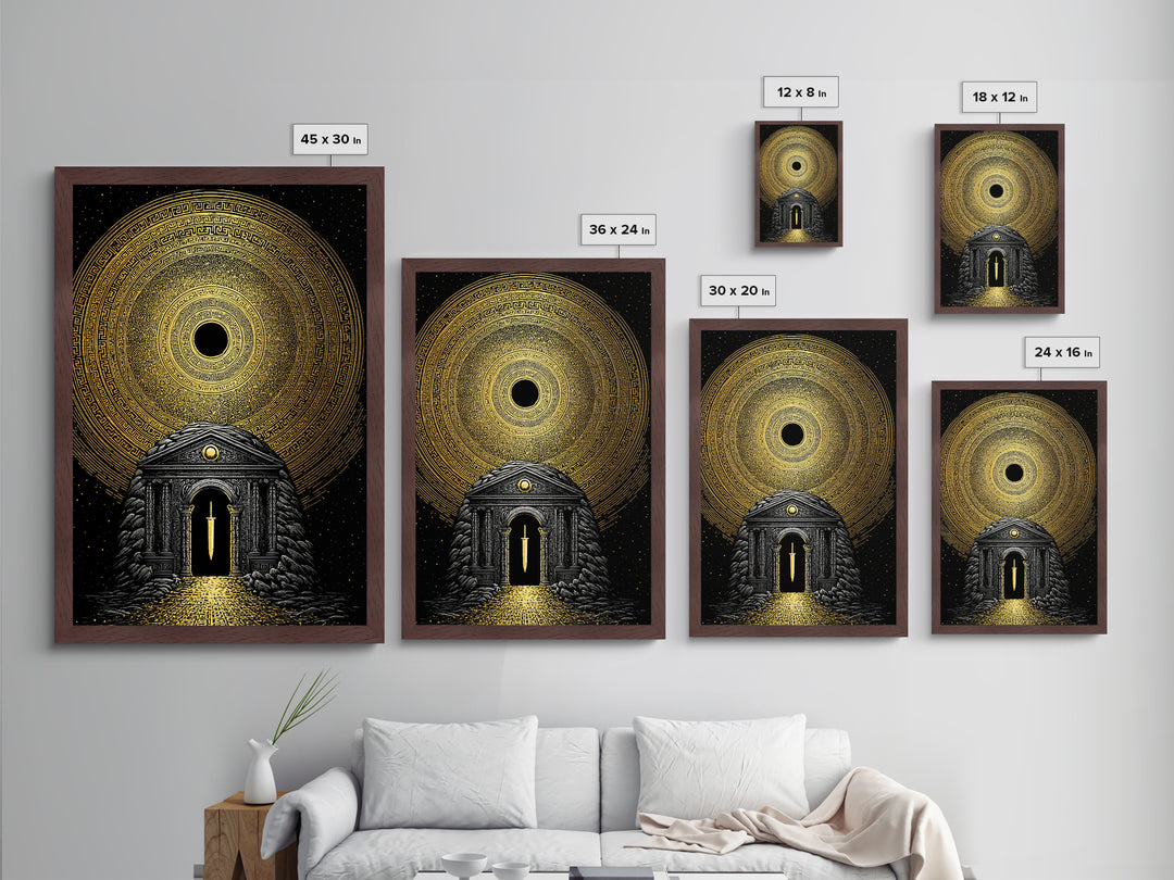 Sword Temple Cosmic Design, Mythology Wall Art, Metallic Gold Metal Print, Fantasy Decor, Ancient Architecture, Wood Frame