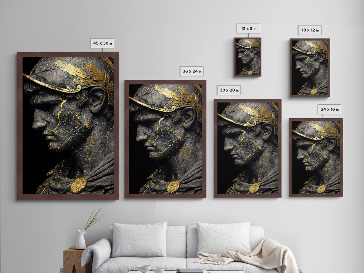 Roman Bust Statue, Classical Sculpture Wall Art, Metallic Gold Metal Print, Ancient Decor, Regal Design, Wood Frame