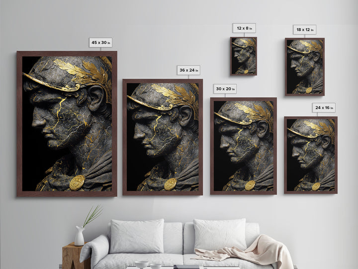 Roman Bust Statue, Classical Sculpture Wall Art, Metallic Gold Metal Print, Ancient Decor, Regal Design, Wood Frame