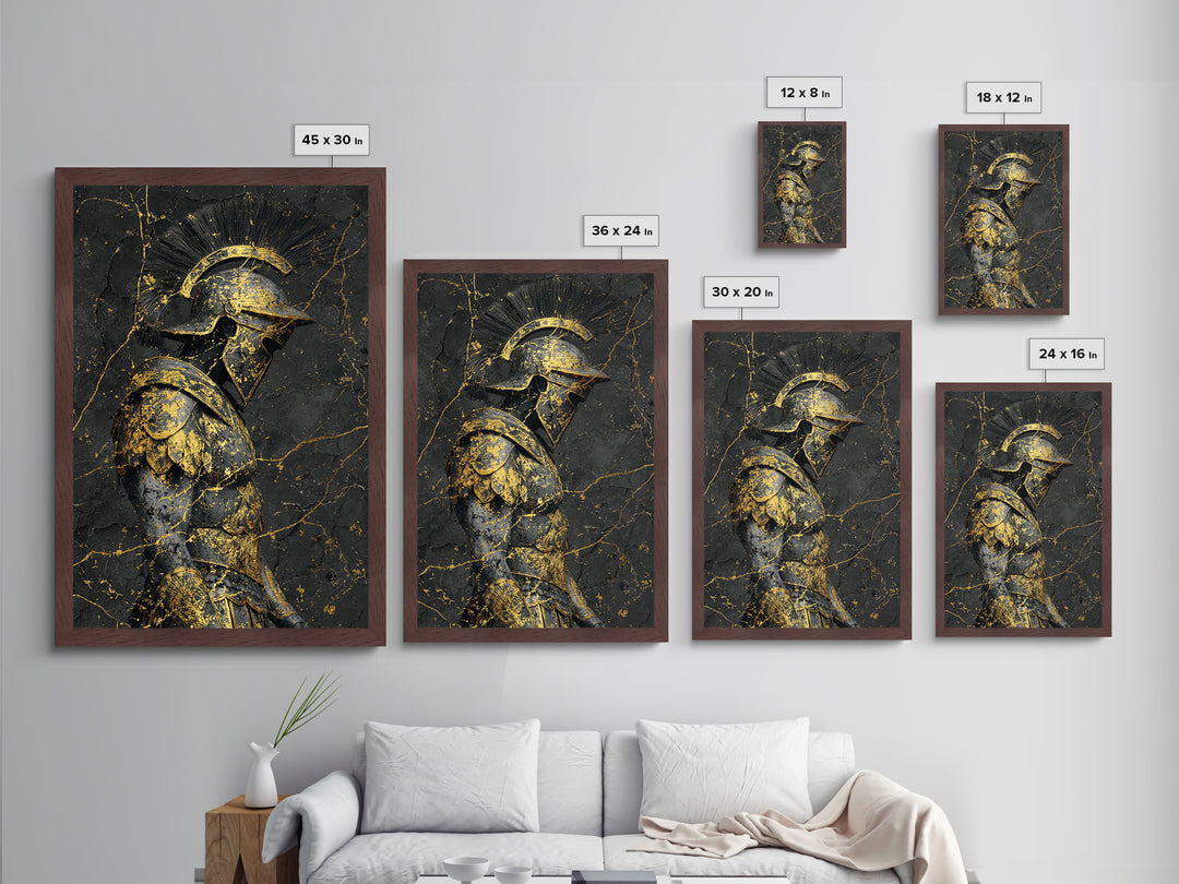 Roman Soldier Statue, Metallic Gold Metal Print, Ancient Warrior Wall Art, Real Wood Frame, Luxury Mythology Home Decor
