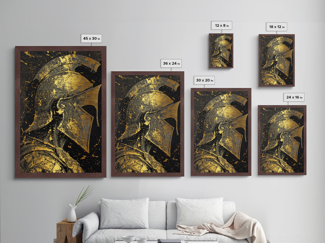 Greek Warrior Helmet, Metallic Gold Art, Ancient Soldier Wall Print, Mythology Decor, Real Wood Framed Metal Artwork