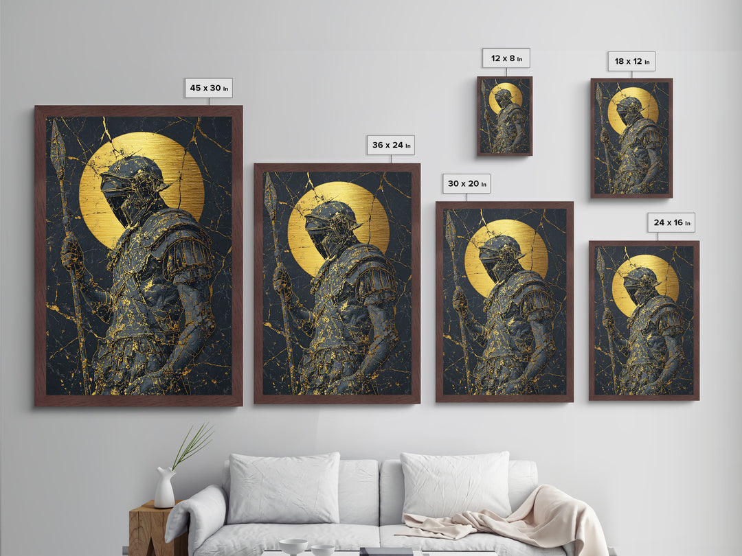 Spartan Warrior With Spear, Metallic Gold Metal Print, Ancient Soldier Wall Art, Real Wood Frame Decor, Luxury Mythology