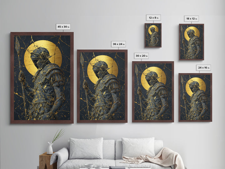 Spartan Warrior With Spear, Metallic Gold Metal Print, Ancient Soldier Wall Art, Real Wood Frame Decor, Luxury Mythology