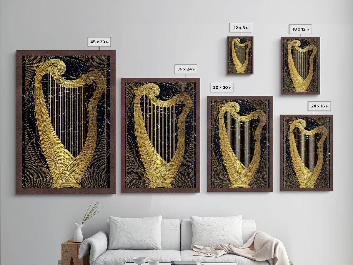 Golden Harp on Marble with Ornamental Lines – Metallic Gold Art, Metal Art in Real Wood Frame, Classical Music Instrument Decor