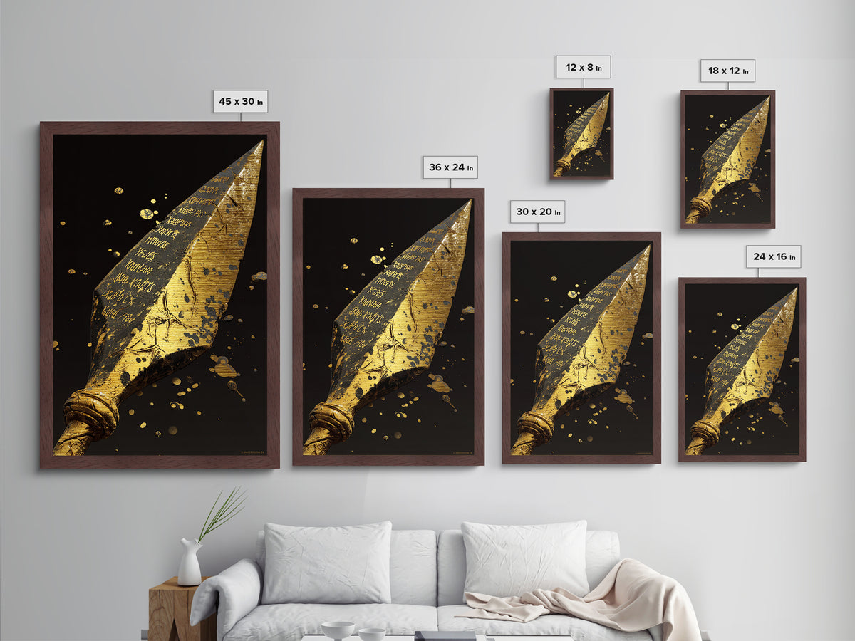 Inscribed Greek Spearhead in Motion Splash – Metallic Gold Art, Warrior Weapon Real Wood Framed Metal Art, Spartan Weapon Decor