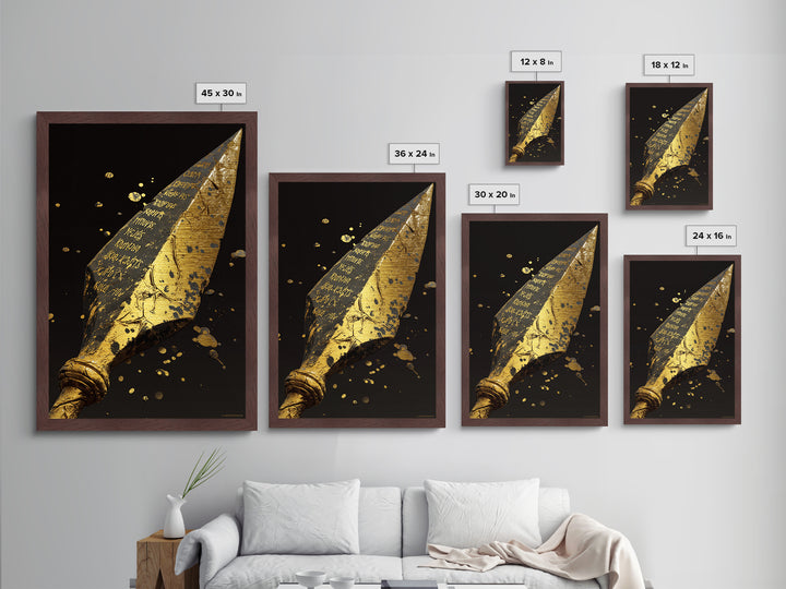 Inscribed Greek Spearhead in Motion Splash – Metallic Gold Art, Warrior Weapon Real Wood Framed Metal Art, Spartan Weapon Decor