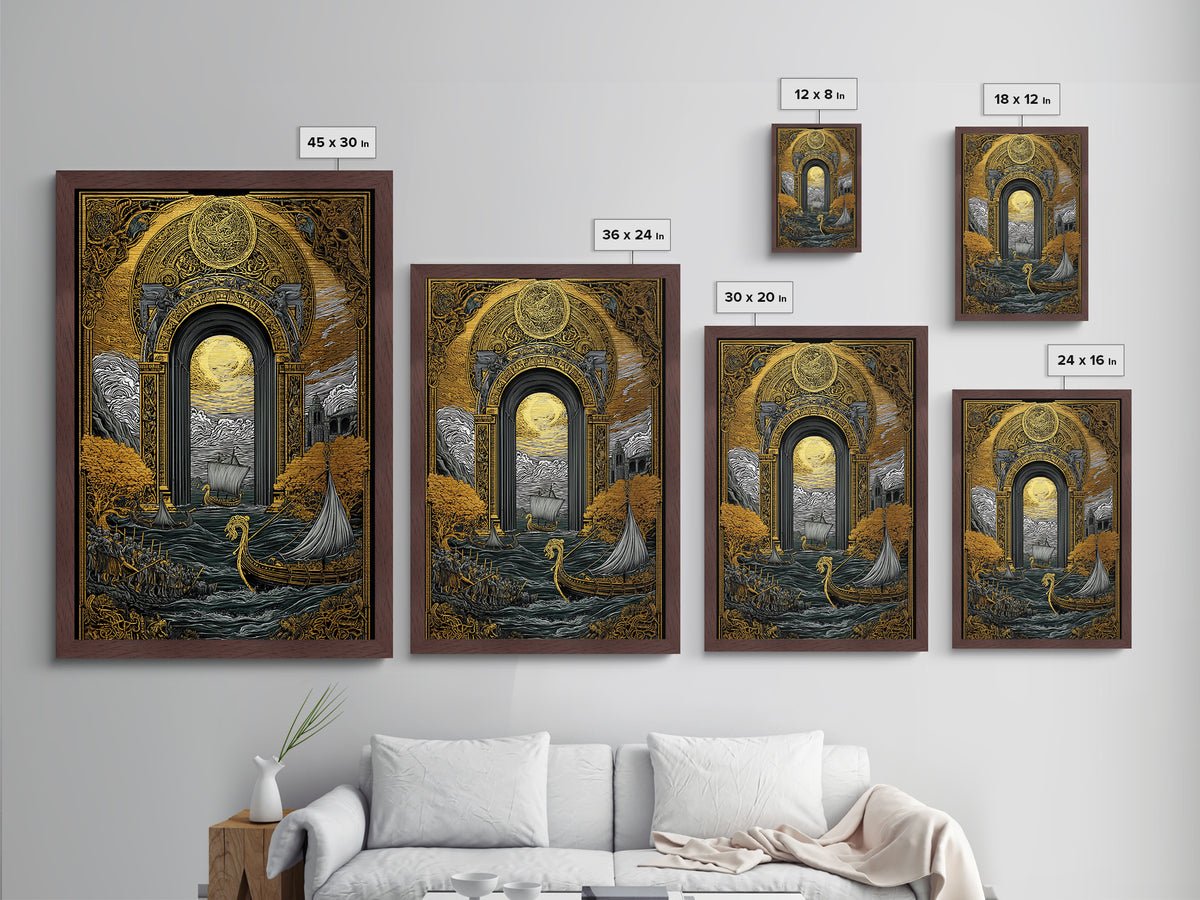 Viking Longships Through Mythic Gate – Metallic Gold Art, Epic Seafaring Metal Art in Real Wood Frame, Norse Voyage Wall Print