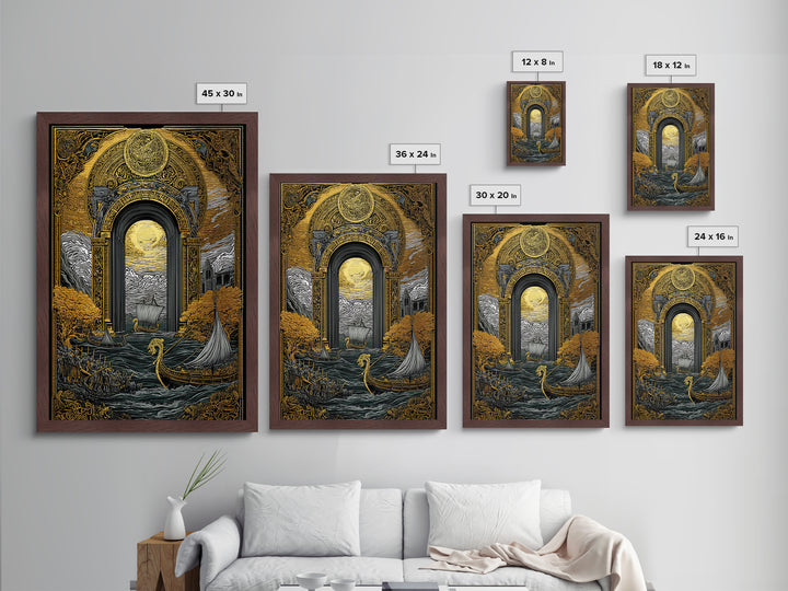 Viking Longships Through Mythic Gate – Metallic Gold Art, Epic Seafaring Metal Art in Real Wood Frame, Norse Voyage Wall Print