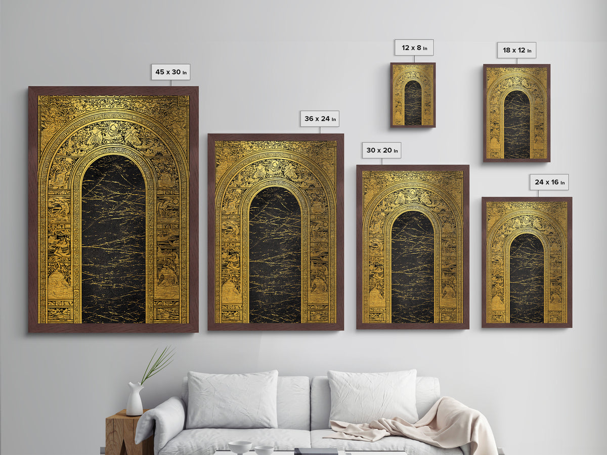 Ancient Greek Archway with Myth Scenes – Metallic Gold Art, Classical Panel Metal Art with Real Wood Frame, Temple Wall Decor