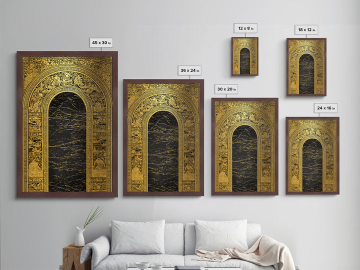 Ancient Greek Archway with Myth Scenes – Metallic Gold Art, Classical Panel Metal Art with Real Wood Frame, Temple Wall Decor
