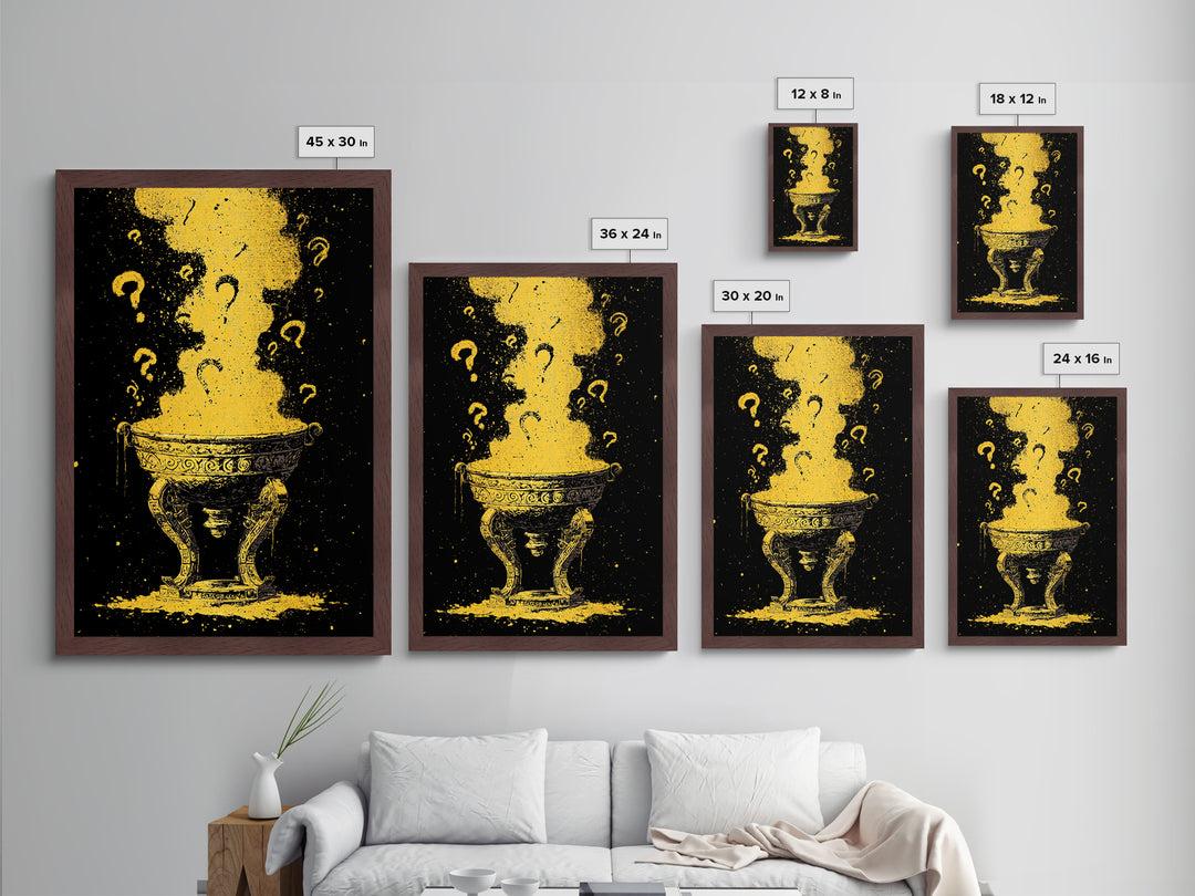 Golden Oracle Bowl with Rising Smoke – Metallic Gold Art, Mystical Ritual Metal Art Framed in Real Wood, Ancient Prophecy Decor