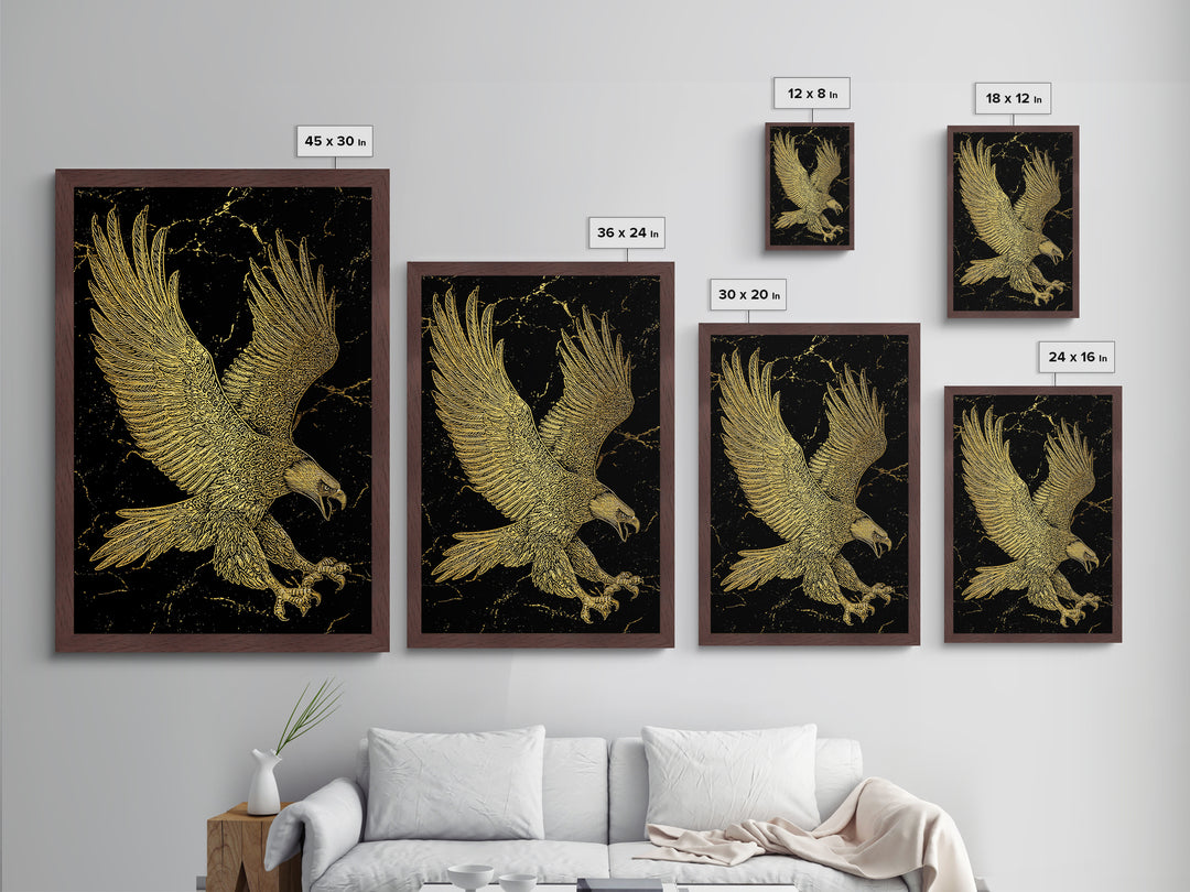 Detailed Golden Eagle with Spread Wings – Metallic Gold Art, Precision Linework Metal Art in Real Wood Frame, Regal Animal Decor